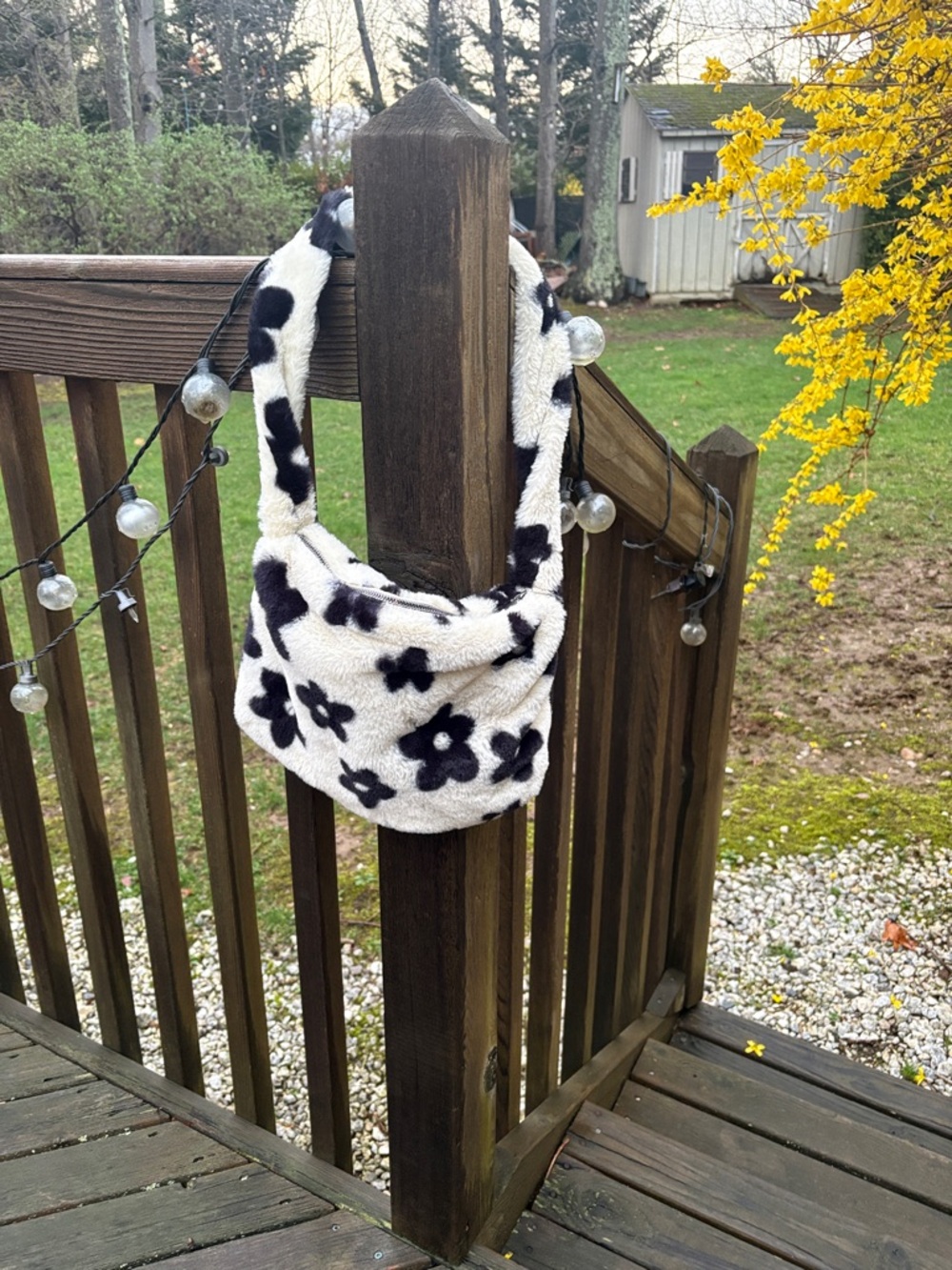 Plush Floral Crossbody Bag - Black & White